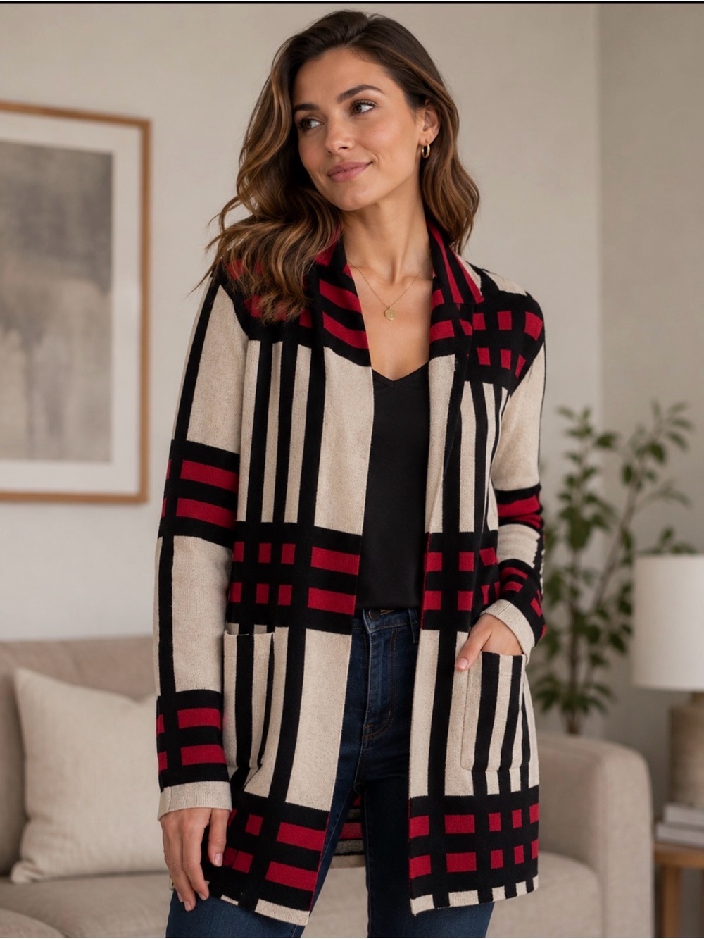 Oliver Striped Knit Cardigan in Black, Cream & Red